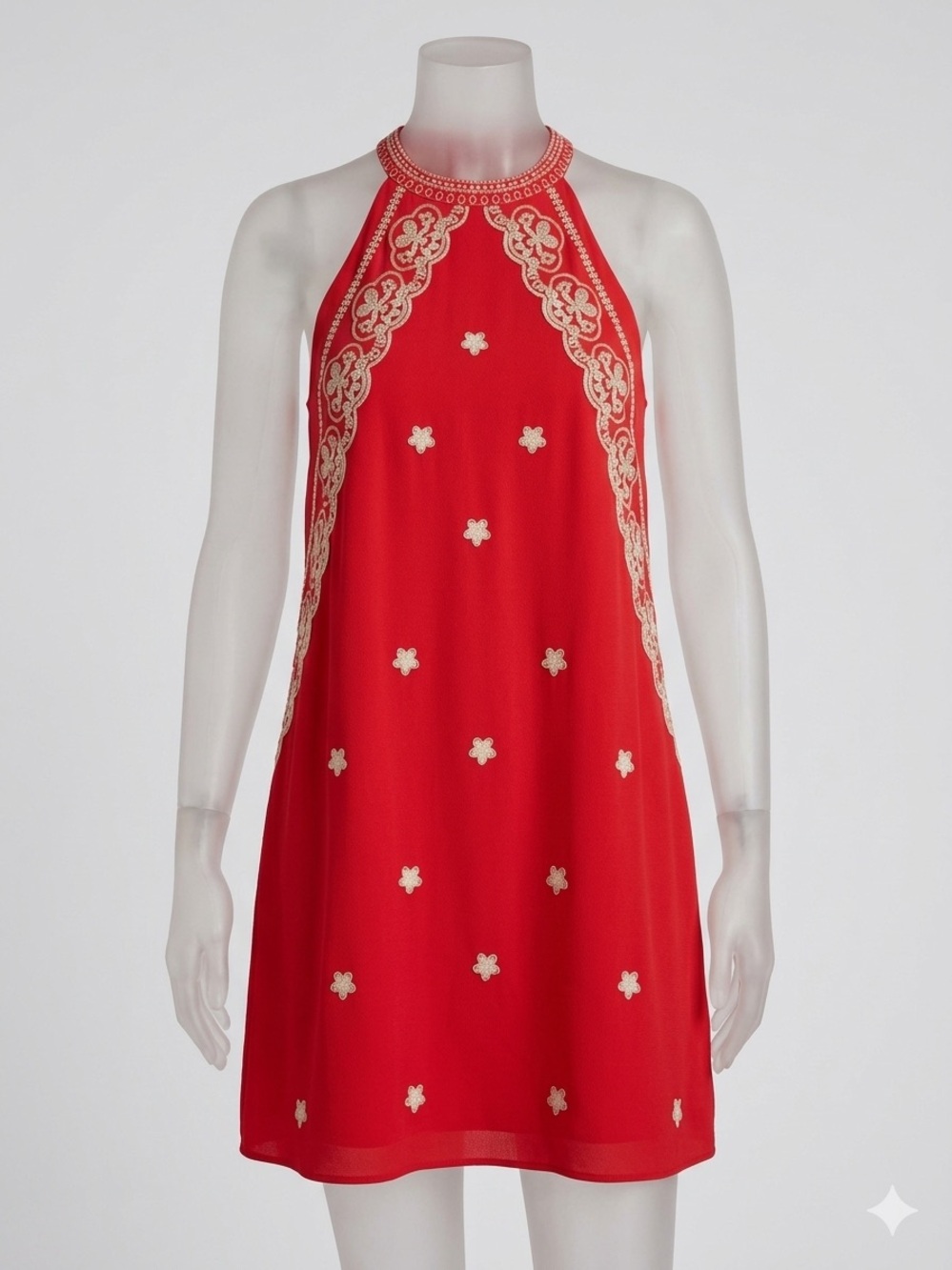 THML Anthropologie Women’s Medium Red Halter Embroidered Midi Knee Length Dress
